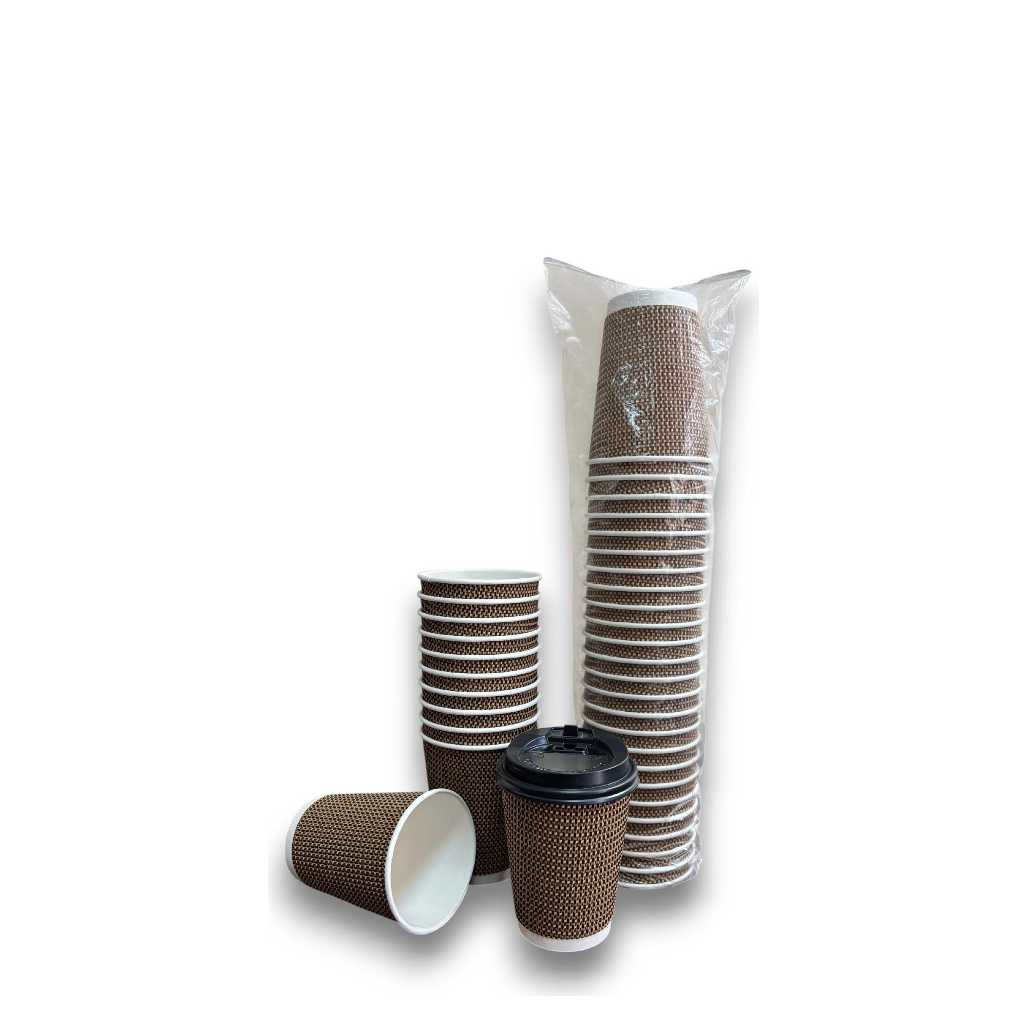 Eagle Chex 12oz brown coffee cup with checked weave design and matching black snap-on lid