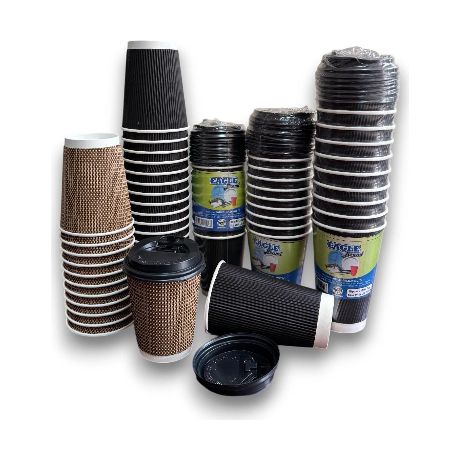 Eagle Ripple coffee cups — black ripple and brown checked weave designs
