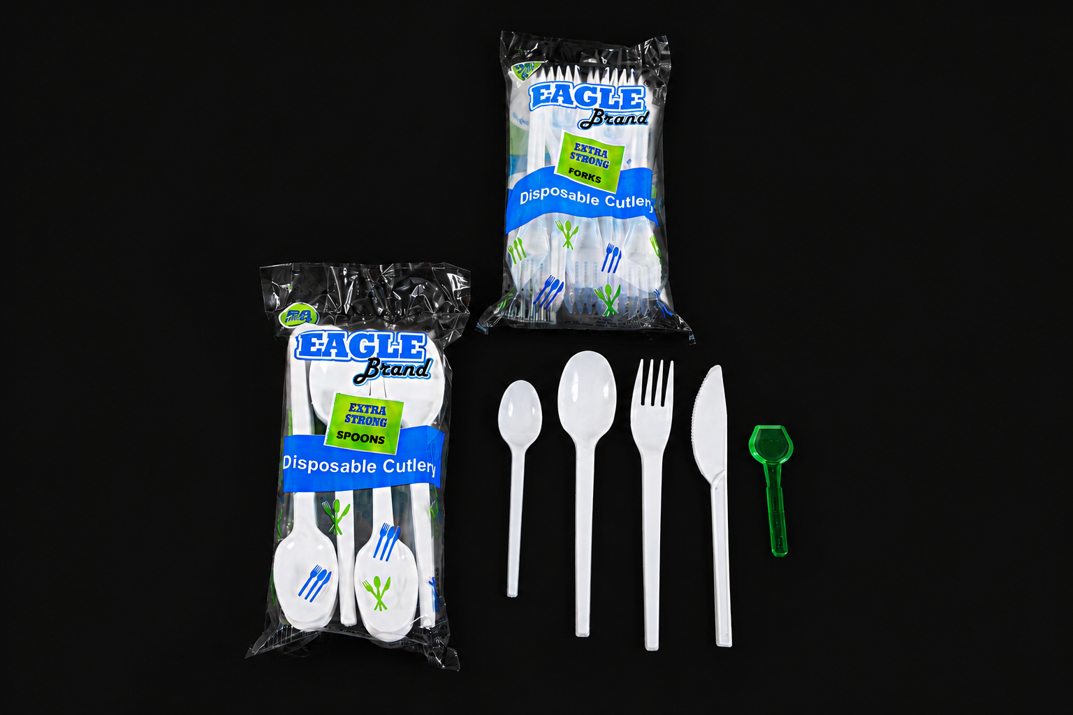 Eagle Holdings disposable cutlery — forks, knives, tablespoons, teaspoons and ice cream spoons