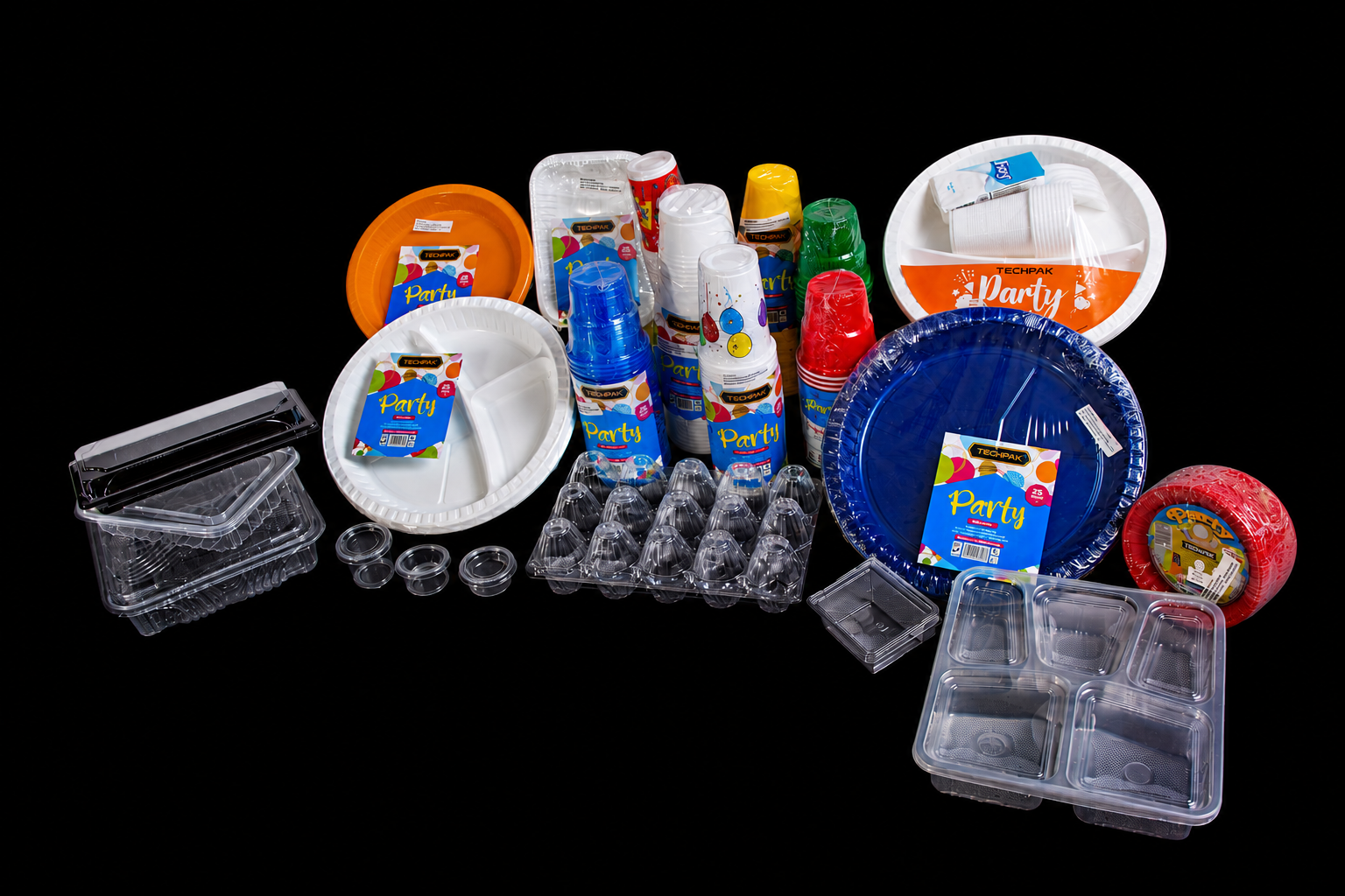 Techpak packaging and tableware range — plates, glasses, party packs, clear punnets and containers
