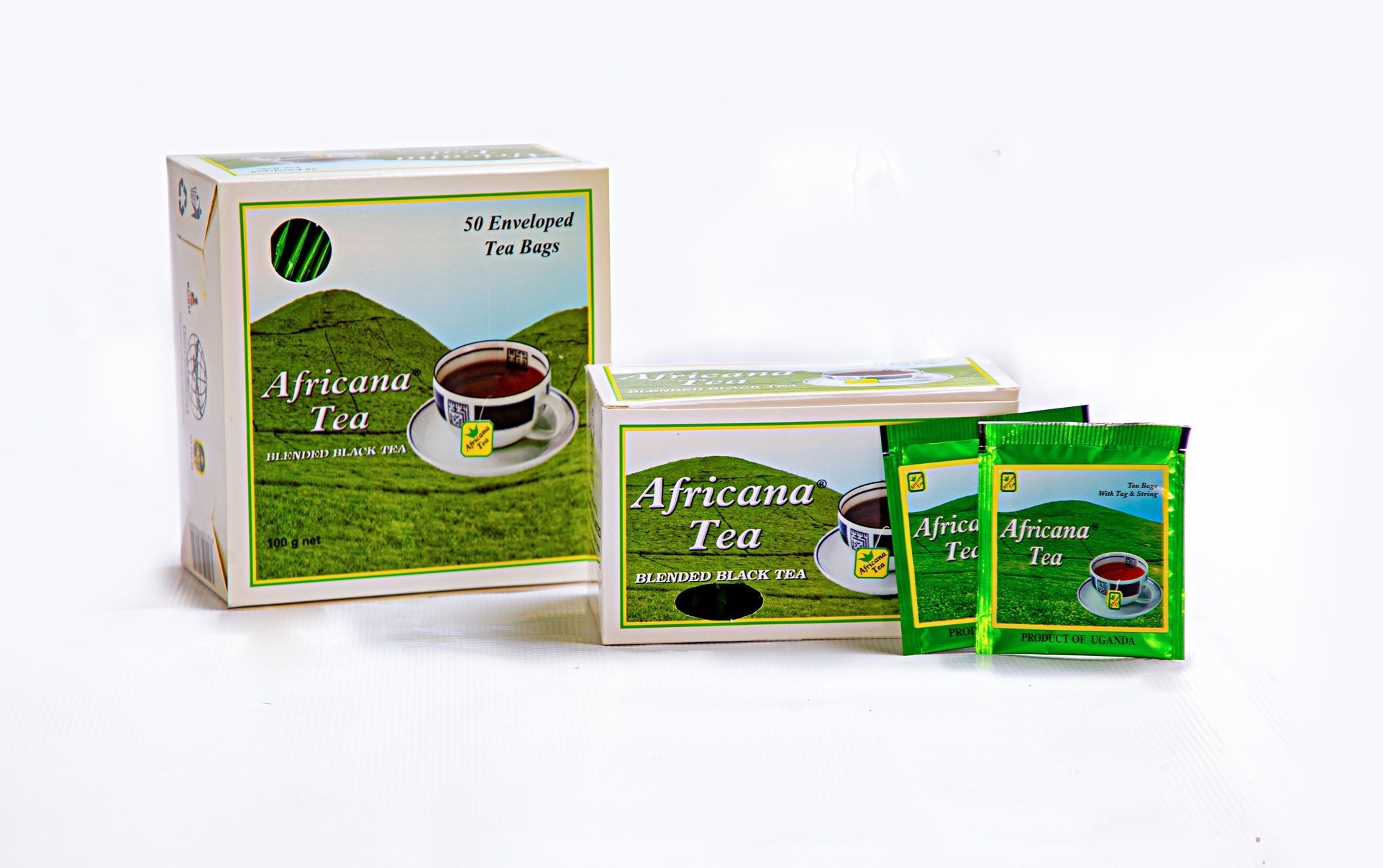 Africana Enveloped — white 50-bag box and 100g box shown with two green individually-wrapped sachets