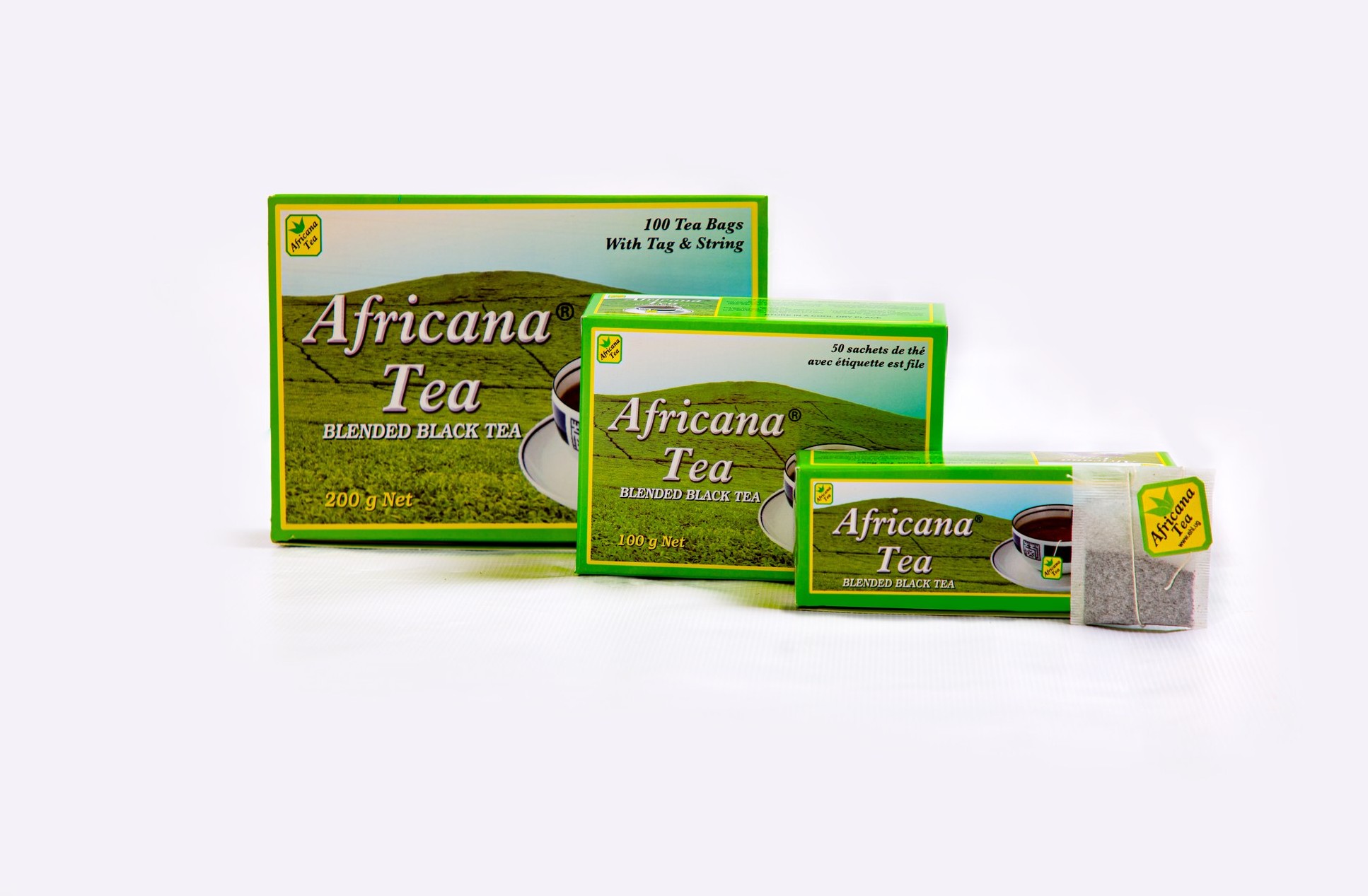 Africana Tea Bags — tagged pack sizes (200g, 100g and 50g) in the green hills design