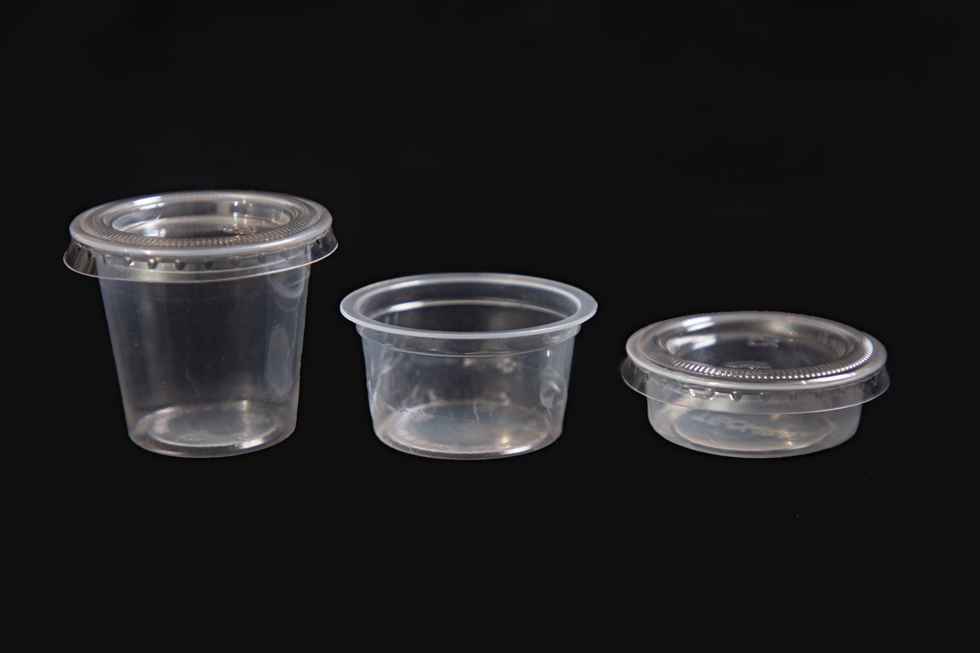 Portion Cups in three sizes with matching 52mm flat clear lids — for sauces, chutneys and condiments