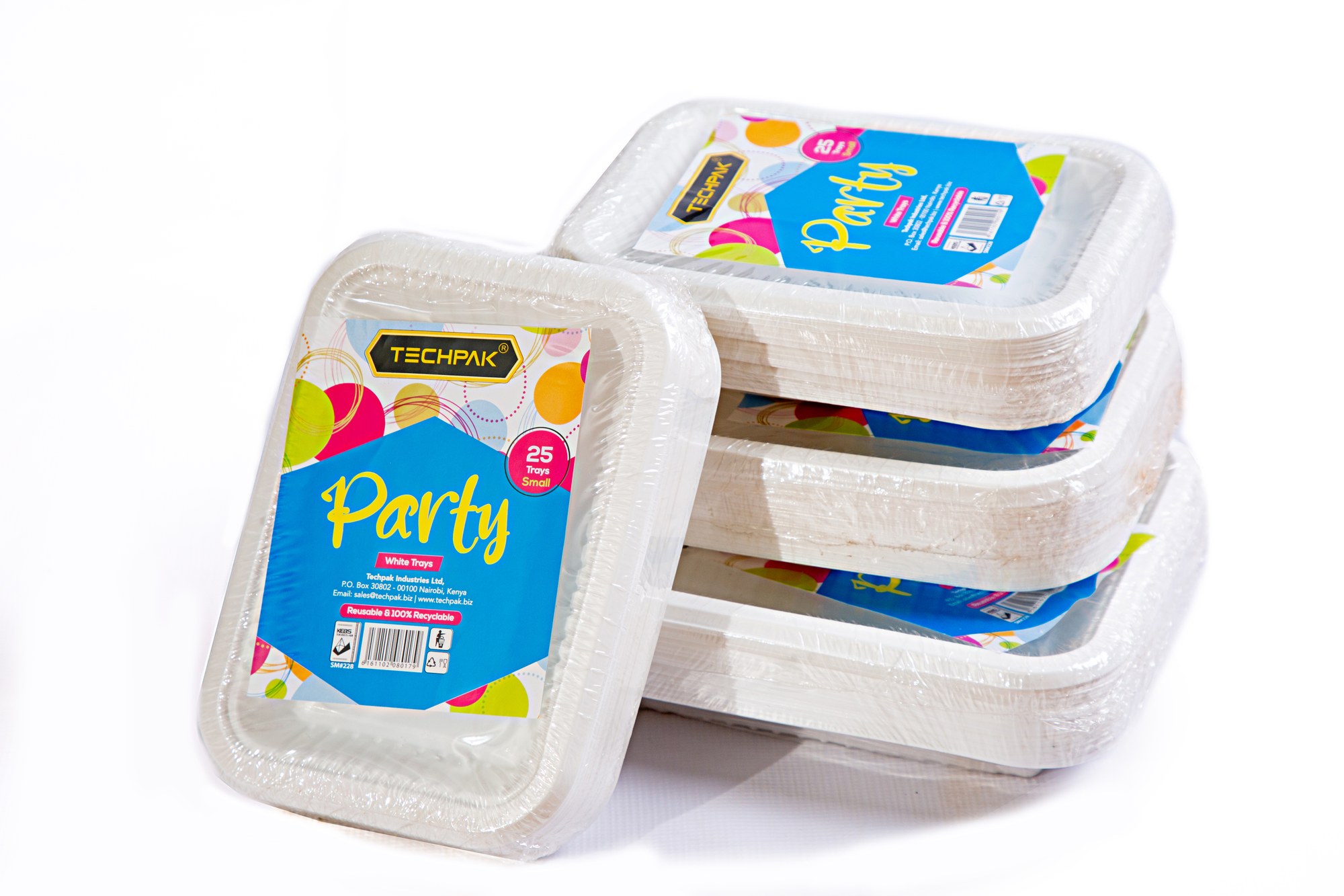 Stacked white Techpak Party trays — three pre-wrapped sizes plus a single tray showing the white moulded base