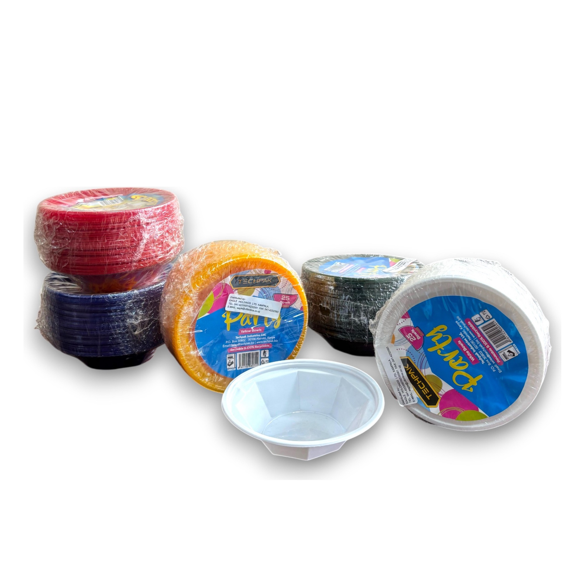 O-Bowls in colour range — pre-wrapped Techpak Party packs in red, navy, yellow, green and white, plus a single white O-Bowl showing the eight-sided rim