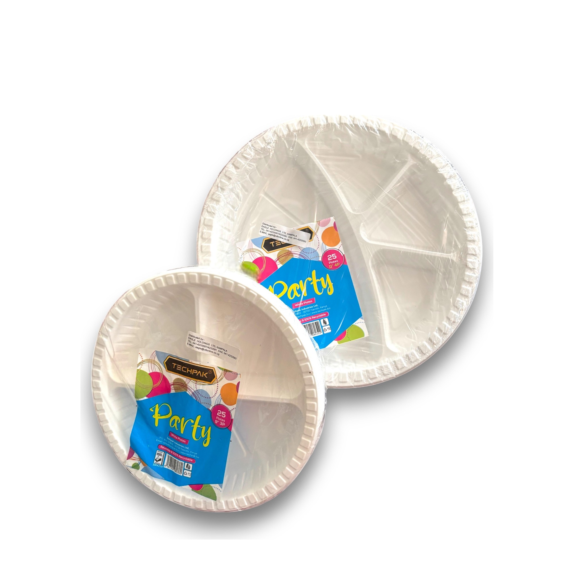 Partitioned Plates — Techpak Party-wrapped 9-inch and 11-inch white 3-partition plates