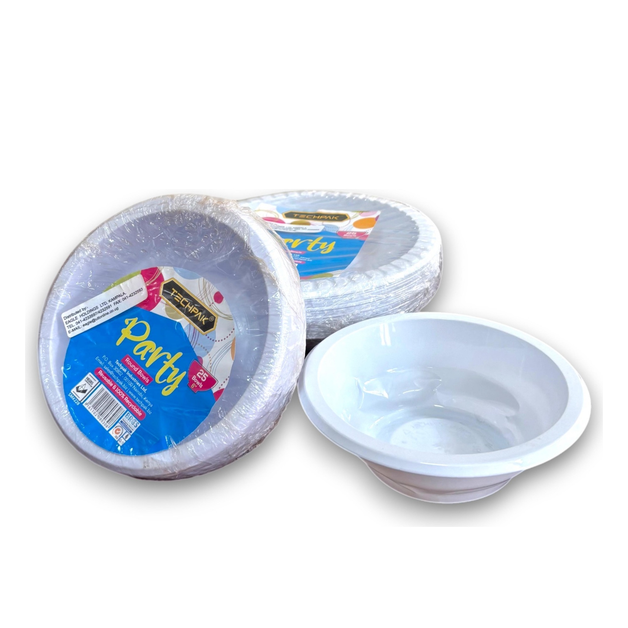 Plain Bowls — pre-wrapped Techpak Party packs of round white bowls plus a single white bowl showing the moulded shape