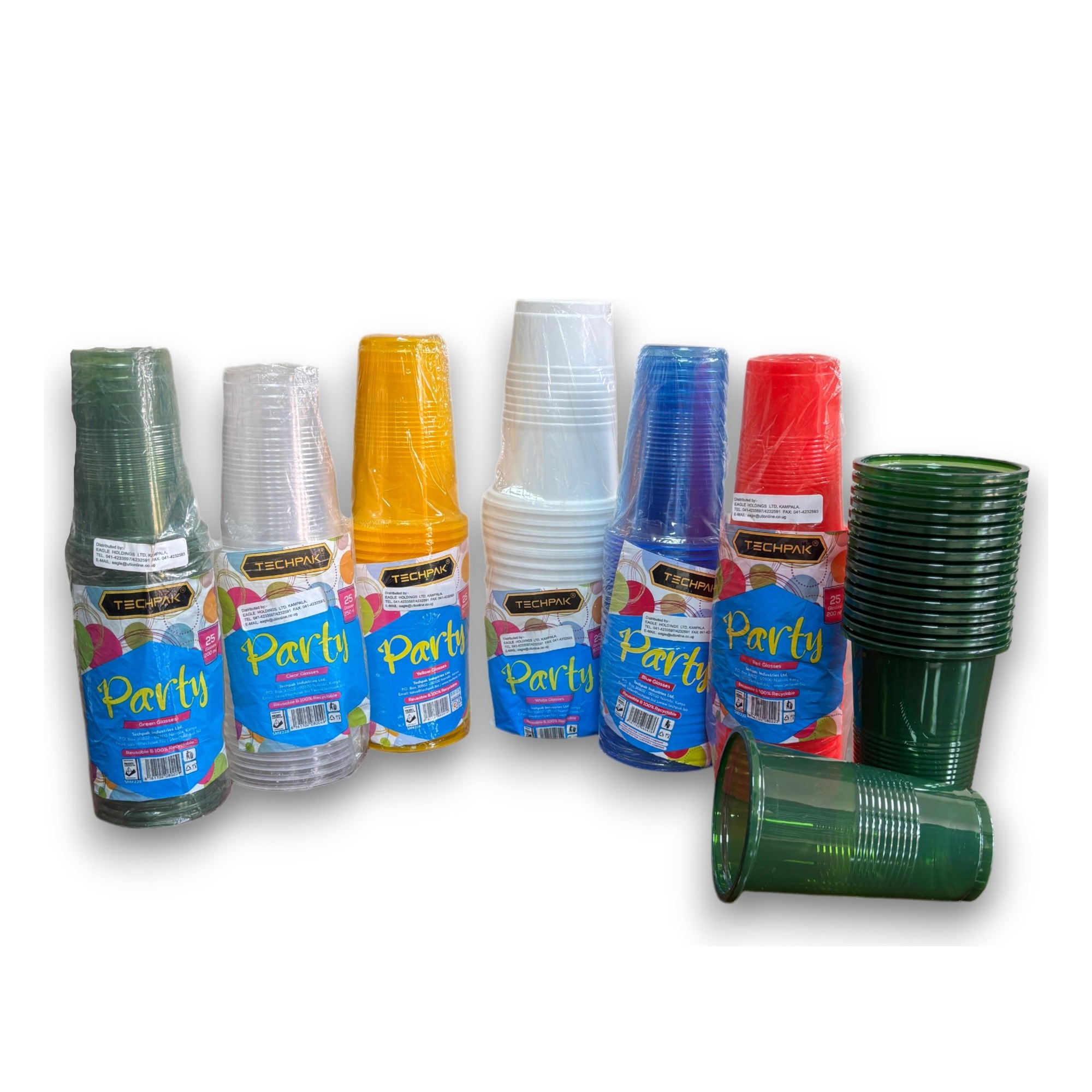 Plain Glasses — Techpak Party-wrapped packs in green, clear, yellow, white, blue and red plus a green stack and tipped green glass